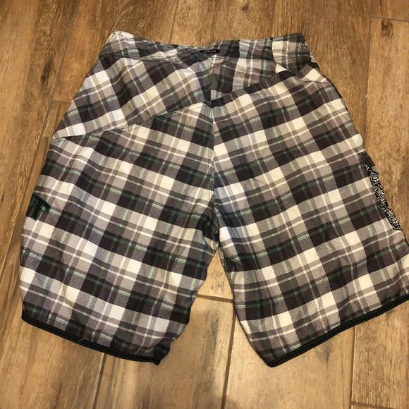 SPLIT Board Shorts Mens Size 33 White Gray Green Swim Trunk Logo Vintage EUC - Picture 2 of 6